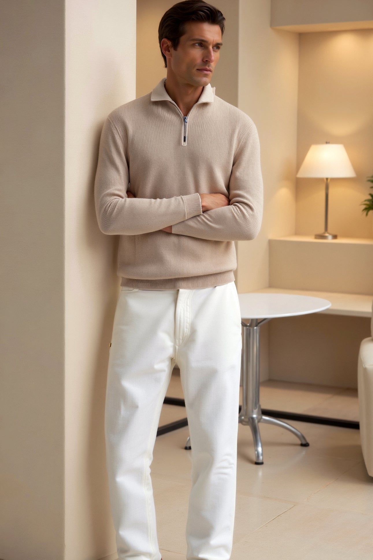 Quarter-Zip Knit Sweater – High Collar Comfort and Flexible Shape